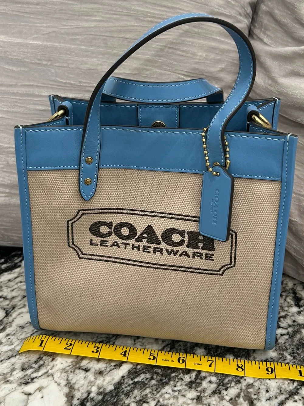 Coach Beige Canvas Tote with Sky Blue Leather Trim